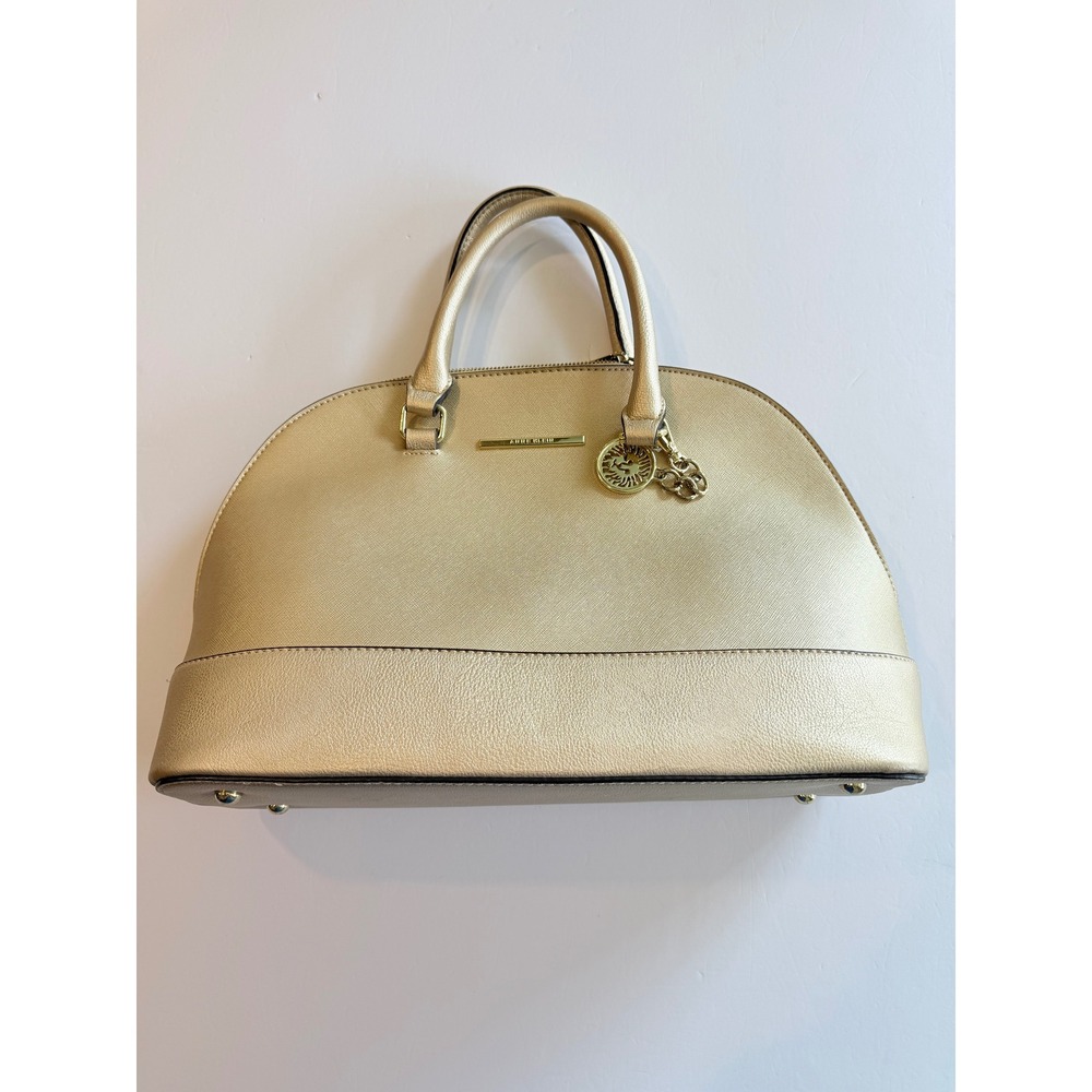 Anne Klein Champagne Gold Metallic Dome Satchel Handbag Lion Charm Polka Dot